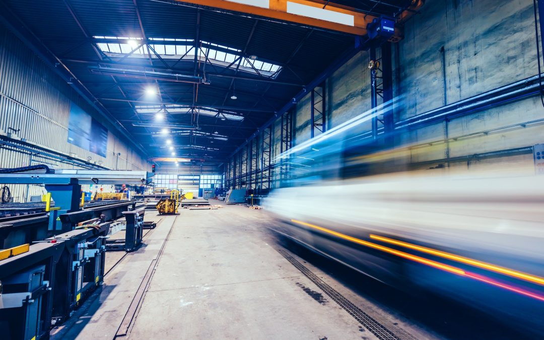 Factory work. Forklift moving at shipyard.