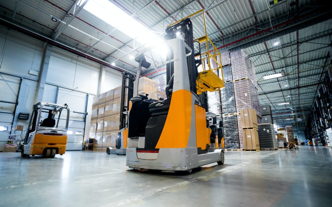 Forklift in huge warehouse