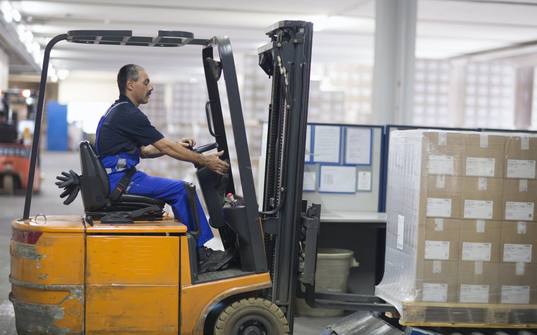 Mature man using forklift truck in factory