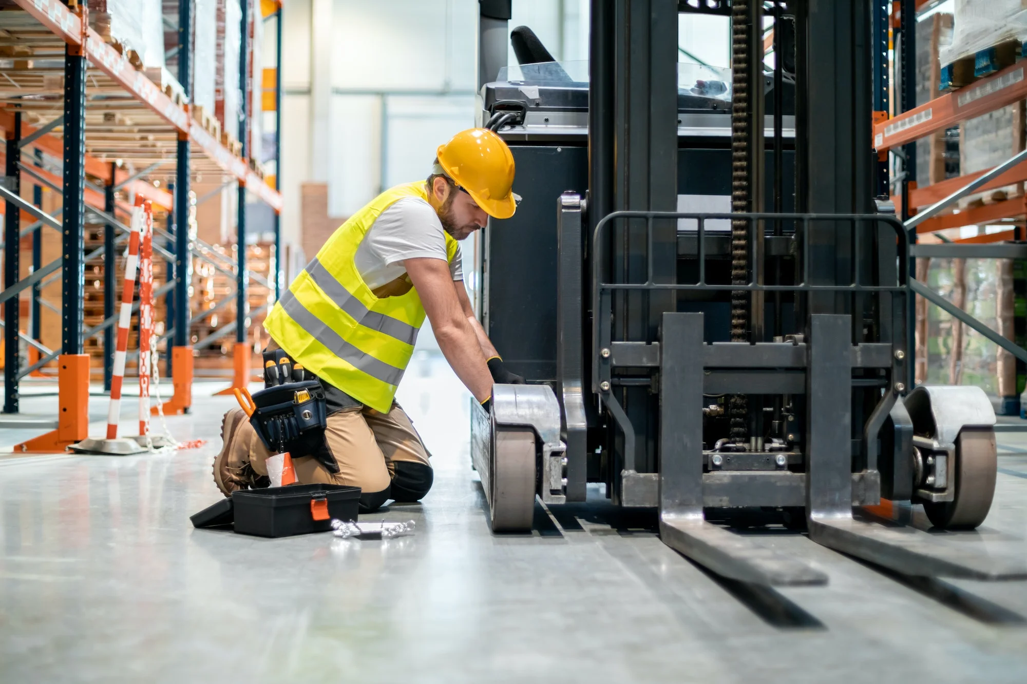 Mechanic repairing forklift in warehouse Mechanic repairing forklift in warehouse