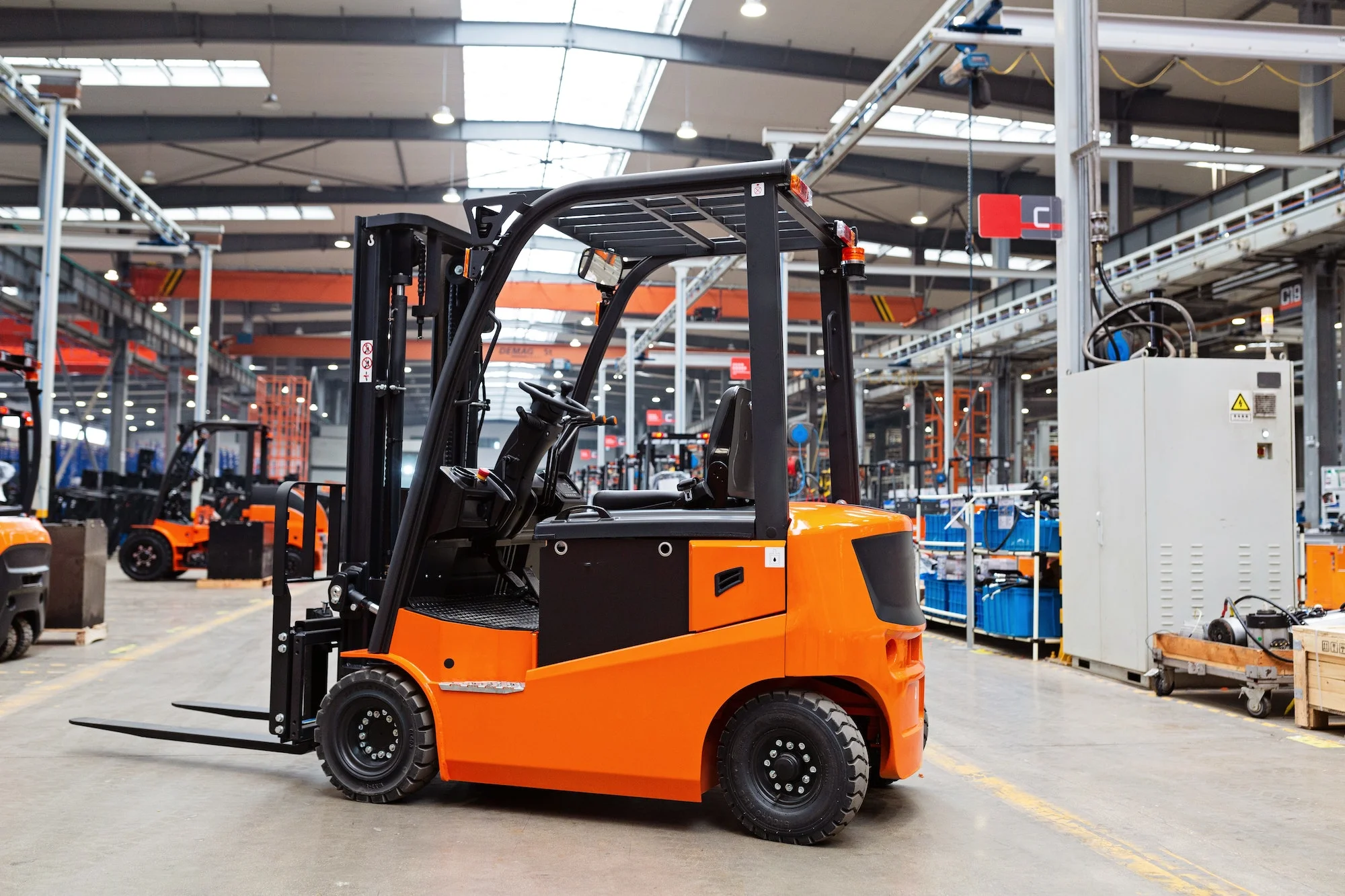 New forklift is standing on modern warehouse New forklift is standing on modern warehouse