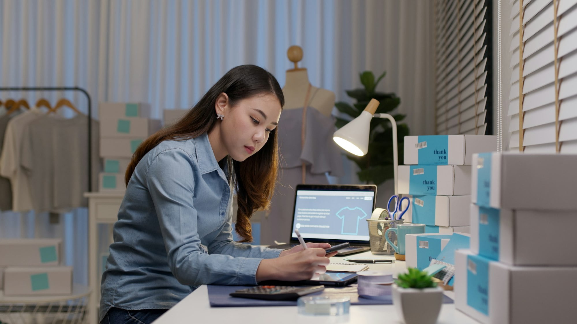 Candid young asia freelance seller woman happy work on laptop notebook busy night