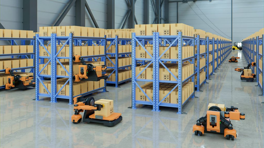 Automated warehouse AGV robots with delivering.