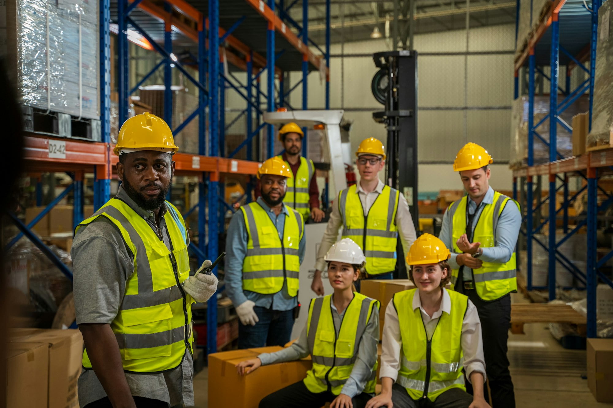 Successful warehouse team smiling happily,Cheerful logistics workers in a large warehouse.